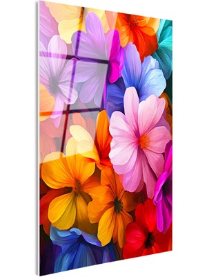 Tablofest Tamperli Gerçek Cam Tablo Rengarenk Kozmos Çiçekleri Deseni Çiçek Tablosu Duvar Dekoru