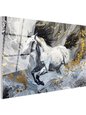 Tablofest Tamperli Gerçek Cam Tablo Gri Akışkan Fon Altın Detaylı At Tablosu Duvar Dekoru