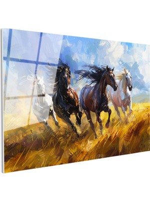 Tablofest Tamperli Gerçek Cam Tablo Sarı Tarlada Dörtnala At Sürüsü Tablosu Duvar Dekoru