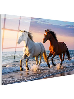Tablofest Tamperli Gerçek Cam Tablo Deniz Kıyısı At Tablosu Duvar Dekoru