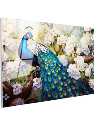Tablofest Tamperli Gerçek Cam Tablo Çiçekli Dal Tavus Kuşu Tablosu Duvar Dekoru