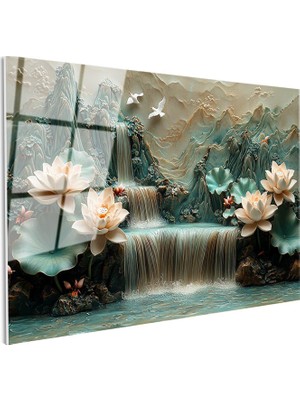 Tablofest Tamperli Gerçek Cam Tablo Kabartma Görünümlü Şelale ve Lotus Çiçek Tablosu Duvar Dekoru