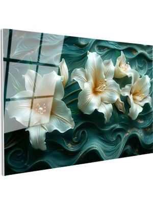 Tablofest Tamperli Gerçek Cam Tablo Yeşil Kıvrımlı Zemin Zambak Çiçek Tablosu Duvar Dekoru