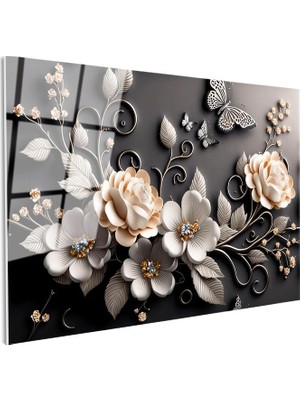 Tablofest Tamperli Gerçek Cam Tablo Kelebekli Güller Çiçek Tablosu Duvar Dekoru