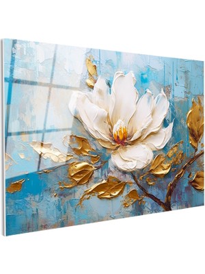Tablofest Tamperli Gerçek Cam Tablo Yağlı Boya Görünümlü Beyaz Manolya Çiçek Tablosu Duvar Dekoru