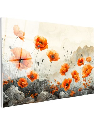 Tablofest Tamperli Gerçek Cam Tablo Kayalık Zemin Gelincik Çiçek Tablosu Duvar Dekoru