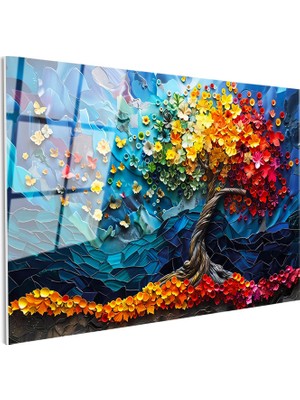 Tablofest Tamperli Gerçek Cam Tablo Rengarenk Bahar Ağacı Çiçek Tablosu Duvar Dekoru