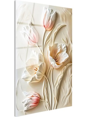 Tablofest Tamperli Gerçek Cam Tablo Yumuşak Hatlı Zarif Laleler Çiçek Tablosu Duvar Dekoru