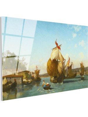 Tablofest Tamperli Gerçek Cam Tablo Osmanlı Yelkenli Tekneler Kıyı Sahnesi Duvar Dekoru