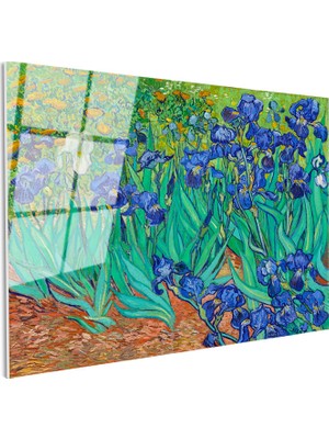 Tablofest Tamperli Gerçek Cam Tablo Vincent Van Gogh Iris Çiçekleri Bahçe Mavi Ressam Tablosu Duvar Dekoru