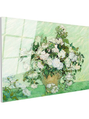 Tablofest Tamperli Gerçek Cam Tablo Van Gogh Beyaz Güller Vazo Çiçekli Natürmort Ressam Tablosu Duvar Dekoru