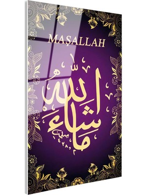 Tablofest Tamperli Gerçek Cam Tablo Maşallah Yazısı Mor Zemin Süslemeli Dini Islami Tablo Duvar Dekoru