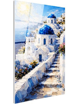 Tablofest Tamperli Gerçek Cam Tablo Santorini Adası ve Merdivenli Evler Şehir ve Mimari Tablo Duvar Dekoru
