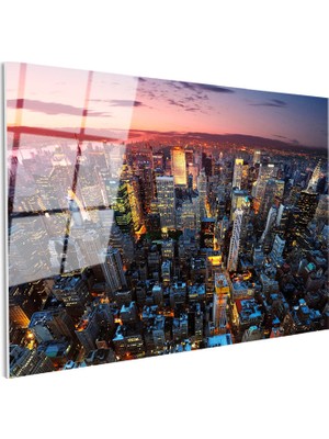 Tablofest Tamperli Gerçek Cam Tablo New York Manhattan Şehir Manzarası Şehir Mimari Tablo Duvar Dekoru