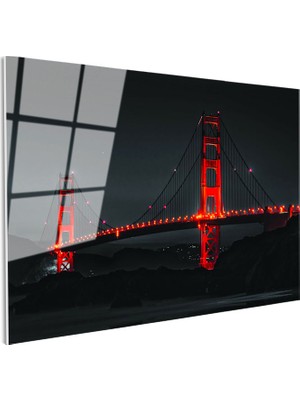 Tablofest Tamperli Gerçek Cam Tablo Golden Gate Köprüsü Gece Aydınlatması Şehir Mimari Tablo Duvar Dekoru