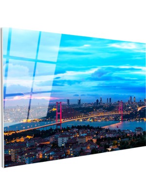 Tablofest Tamperli Gerçek Cam Tablo Istanbul Boğaz Köprüsü Gece Şehir Mimari Tablo Duvar Dekoru