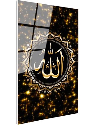 Tablofest Tamperli Gerçek Cam Tablo Allah Lafzı Altın Rengi Yıldız Desenli Dini Islami Tablo Duvar Dekoru