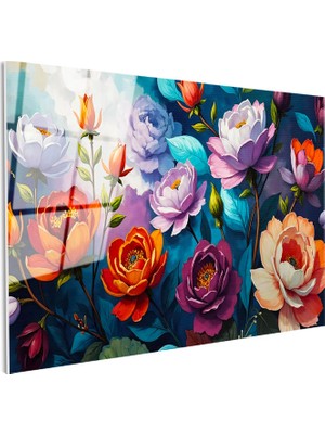 Tablofest Tamperli Gerçek Cam Tablo Karışık Bahar Bahçesi Çiçek Tablosu Duvar Dekoru