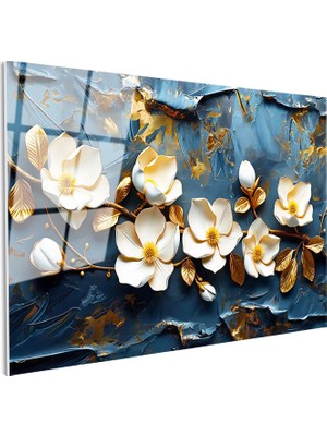 Tablofest Tamperli Gerçek Cam Tablo Kabartma Görünümlü Manolya Dalı Çiçek Tablosu Duvar Dekoru