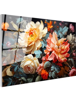 Tablofest Tamperli Gerçek Cam Tablo Yoğun Çiçek Aranjmanı Çiçek Tablosu Duvar Dekoru