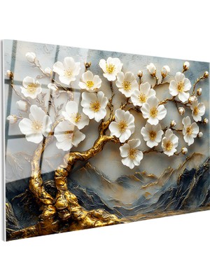 Tablofest Tamperli Gerçek Cam Tablo Kabartma Görünümlü Dağ ve Ağaç Çiçek Tablosu Duvar Dekoru