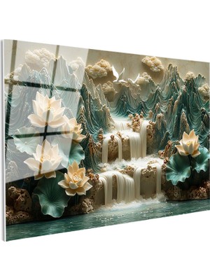 Tablofest Tamperli Gerçek Cam Tablo Kabartma Görünümlü Şelaleli Nilüfer Çiçek Tablosu Duvar Dekoru