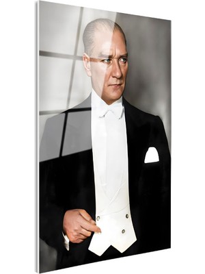 Tablofest Tamperli Gerçek Cam Tablo Atatürk Beyaz Papyonlu Frak Atatürk Tablosu Duvar Dekoru