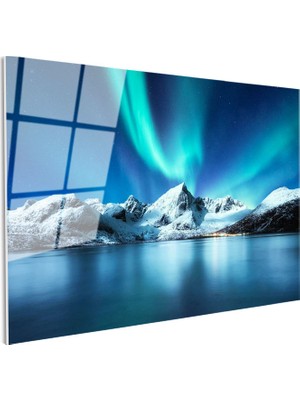 Tablofest Tamperli Gerçek Cam Tablo Aurora Altında Karlı Dağ Manzara Tablosu Duvar Dekoru