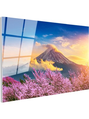 Tablofest Tamperli Gerçek Cam Tablo Karlı Fuji Dağı ve Sakura Ağaçları Manzara Tablosu Duvar Dekoru