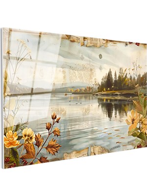 Tablofest Tamperli Gerçek Cam Tablo Göl Kenarı Kıyı Çiçekleri Manzara ve Doğa Tablosu Duvar Dekoru
