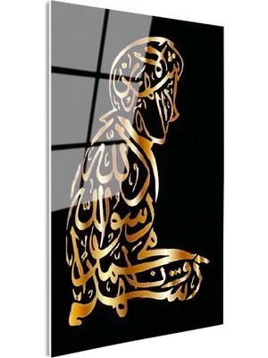 Tablofest Tamperli Gerçek Cam Tablo Namaz Kılan Insan Silüetli Hat Yazısı Dini Islami Tablo Duvar Dekoru