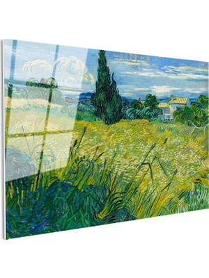 Tablofest Tamperli Gerçek Cam Tablo Van Gogh Selvili Çayır Çiftlik Evi Ressam Tablosu Duvar Dekoru