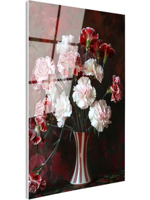 Tablofest Tamperli Gerçek Cam Tablo Vazoda Kırmızı Beyaz Karanfiller Çiçek Tablosu Duvar Dekoru