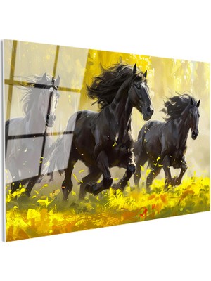 Tablofest Tamperli Gerçek Cam Tablo Sarı Çiçekli Doğa Üç Siyah At Tablosu Duvar Dekoru