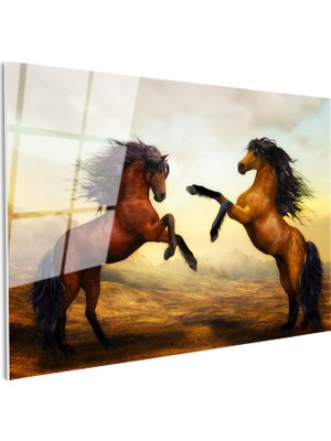 Tablofest Tamperli Gerçek Cam Tablo Karşı Karşıya Vahşi Atlar At Tablosu Duvar Dekoru