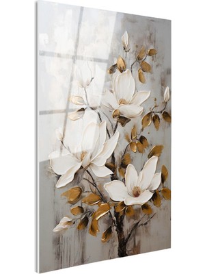 Tablofest Tamperli Gerçek Cam Tablo Dekoratif Altın Yapraklı Manolya Çiçek Tablosu Duvar Dekoru