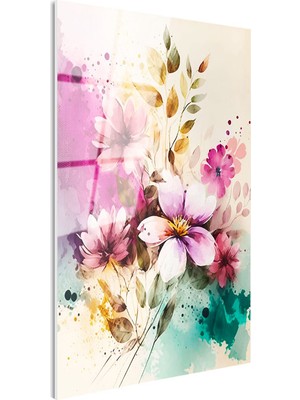 Tablofest Tamperli Gerçek Cam Tablo Sulu Boya Görünümlü Çiçek Çiçek Tablosu Duvar Dekoru