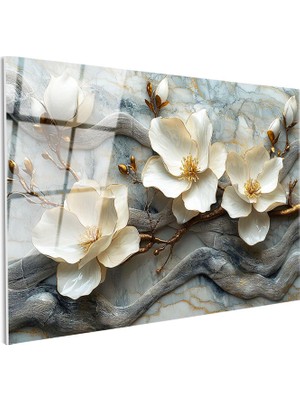 Tablofest Tamperli Gerçek Cam Tablo Mermer Görünümlü Manolya Dalı Çiçek Tablosu Duvar Dekoru