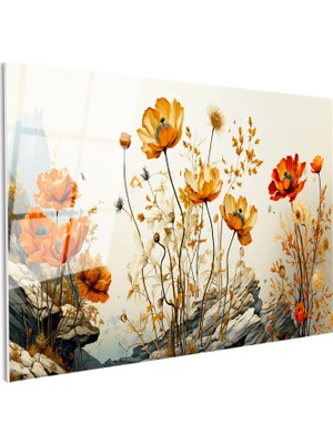 Tablofest Tamperli Gerçek Cam Tablo Kayalık Bahçe Gelincikleri Çiçek Tablosu Duvar Dekoru