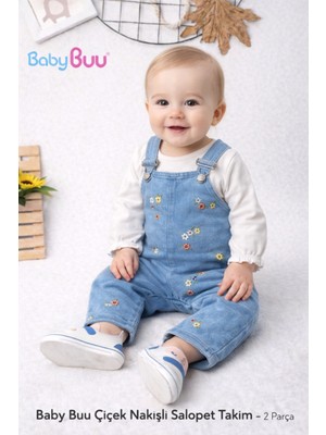 Baby Buu Kız Bebek Çiçek Nakışlı Kot Salopet & Uzun Kollu Tişört Takımı