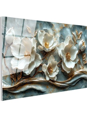 Tablofest Tamperli Gerçek Cam Tablo Kabartma Görünümlü Yaldızlı Çiçek Tablosu Duvar Dekoru