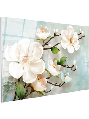Tablofest Tamperli Gerçek Cam Tablo Dalında Estetik Manolya Çiçekleri Çiçek Tablosu Duvar Dekoru