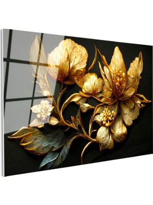 Tablofest Tamperli Gerçek Cam Tablo Metalik Görünümlü Çiçekler Çiçek Tablosu Duvar Dekoru