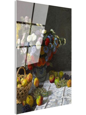 Tablofest Tamperli Gerçek Cam Tablo Claude Monet Meyveler ve Çiçekler Sepetli Natürmort Ressam Tablosu Dekoru
