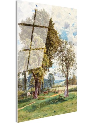 Tablofest Tamperli Gerçek Cam Tablo T.s.c. Ağaç Altı Çiftlik Manzarası Inekler ve Figür Ressam Tablosu Dekoru