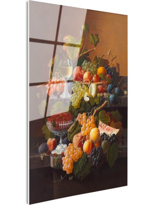 Tablofest Tamperli Gerçek Cam Tablo Severin Roesen Beyaz Şaraplı Kadeh Çilek Üzüm Ressam Tablosu Dekoru