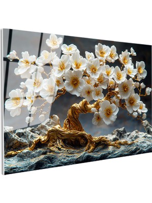 Tablofest Tamperli Gerçek Cam Tablo Kayalar Üzerinde Altın Çiçekli Ağaç Çiçek Tablosu Duvar Dekoru
