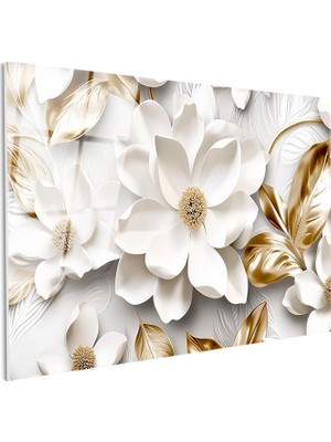 Tablofest Tamperli Gerçek Cam Tablo Büyük Beyaz Manolyalar Çiçek Tablosu Duvar Dekoru