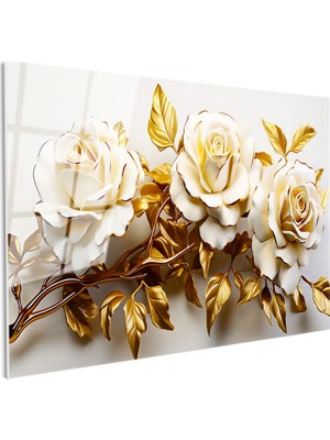 Tablofest Tamperli Gerçek Cam Tablo Kabartma Görünümlü Üçlü Güller Çiçek Tablosu Duvar Dekoru