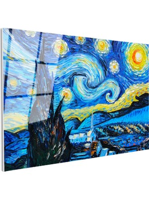 Tablofest Tamperli Gerçek Cam Tablo Vincent Van Gogh Yıldızlı Gece Manzarası Ressam Tablosu Duvar Dekoru
